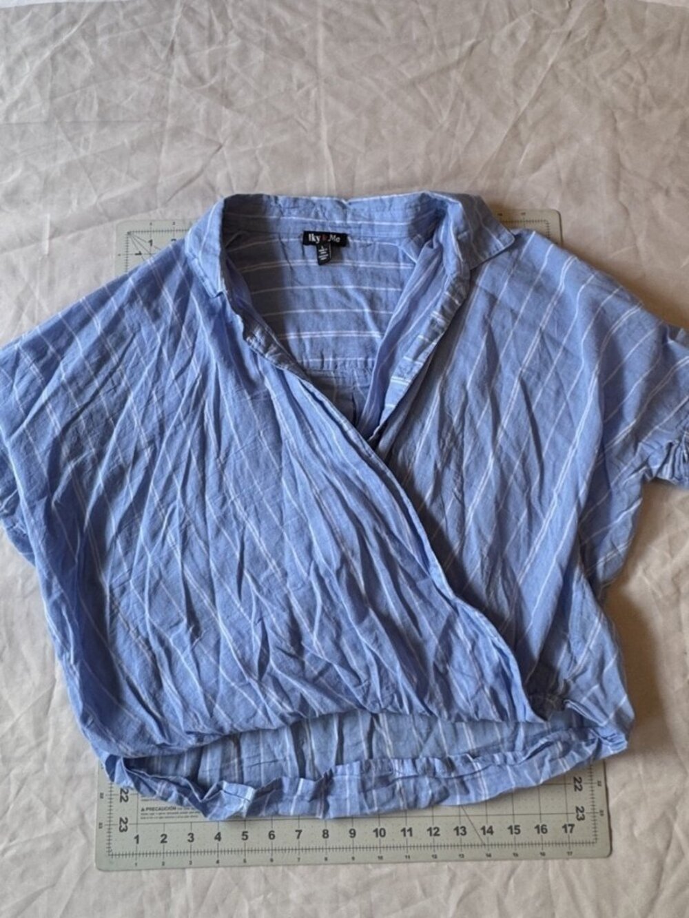 Iky & Me Blue Striped Surplice Wrap Short Sleeve Blouse L
